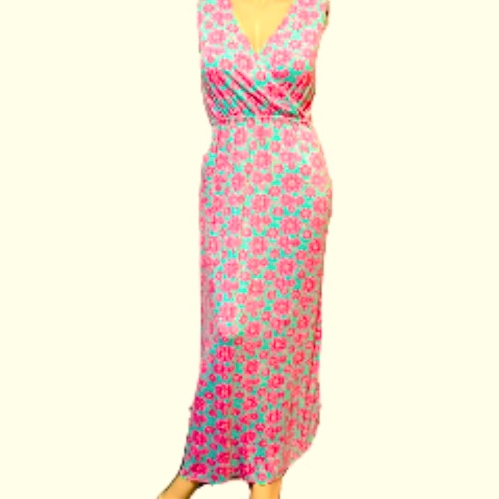 Vineyard Vines Floral Mosaic Pink Aqua Faux Wrap Sleeveless Maxi XS